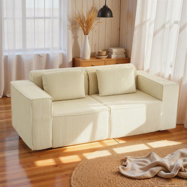 Sofá de 3 Lugares Sofá de Sala 202x90x76 cm Revestido em Veludo Cotelê Acolchoamento Espesso e 2 Almofadas Bege