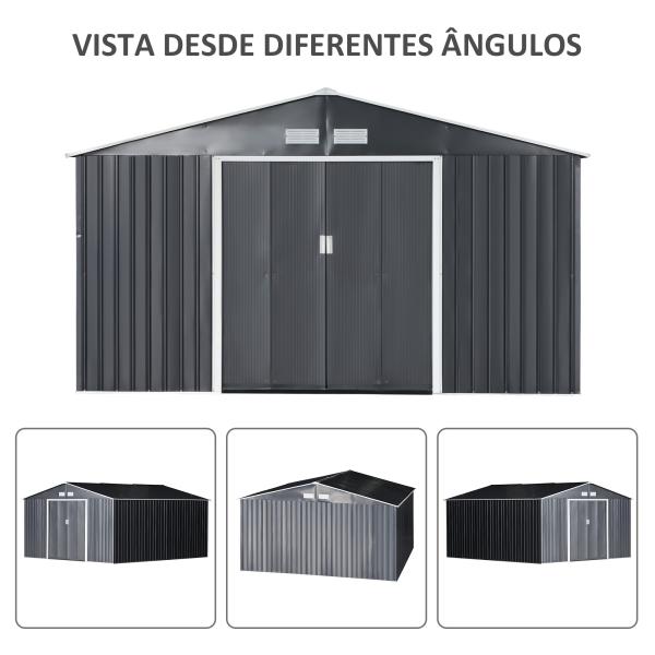 Abrigo de Jardim Metálico 340x386x200cm Abrigo de Exterior para Armazenamento de Ferramentas com Base Incluida 4 Janelas de Ventilação e Porta Corredeira Cinza