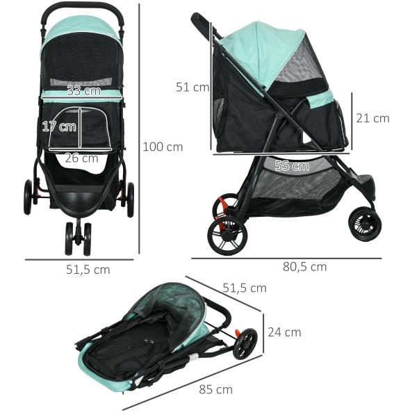 Carrinho para Cães Dobrável para Cães Pequenos com Cesta de Armazenamento Janela de Malha Capa para Chuva 80,5x51,5x100 cm Verde
