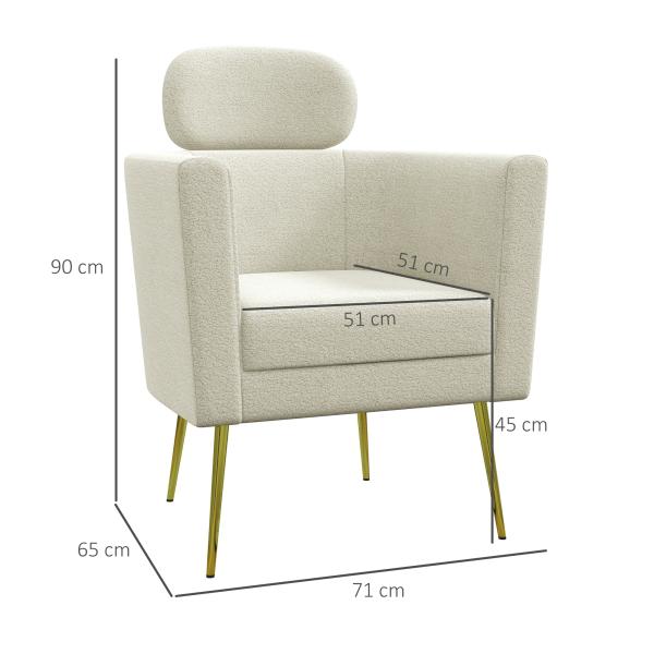 Poltrona Sala de Estar Individual em Borrego com Apoio para a Cabeça e Pés de Metal 71x65x90 cm Creme