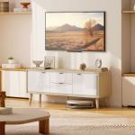 Móvel de TV Moderno para Sala com 2 Gavetas para Televisão 55 Polegadas 120x35x50 cm Branco Brilhante e Carvalho