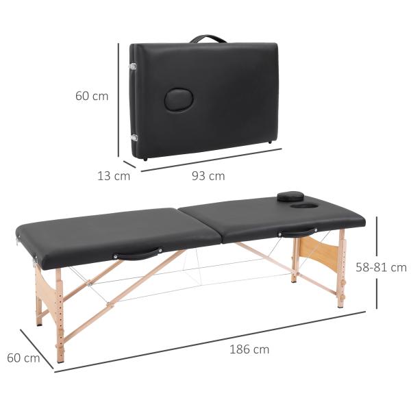 Marquesa de Massagem Dobrável Portátil com Apoio para a Cabeça Altura Ajustável e Bolsa de Transporte 186x60x58 - 81 cm Preto