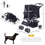 Carrinho para Animais de Estimação Dobrável para Cães com Capô Ajustável Cesta de Armazenamento e Rodas com Freio Tecido Oxford Estrutura de Aço 74x46x94cm Preto