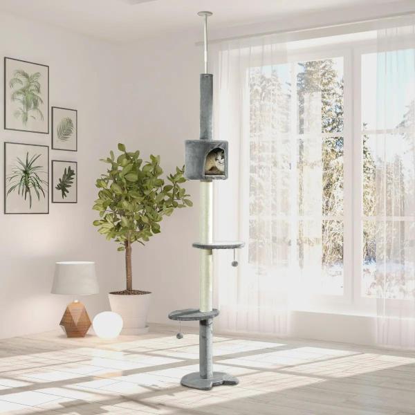 Árvore Arranhador para Gatos para Fixar ao Teto Altura Ajustável 229 - 235cm 260 - 266cm com Plataformas Caverna Postes de Sisal Bolas Penduradas 40x40x217 cm Cinza Claro