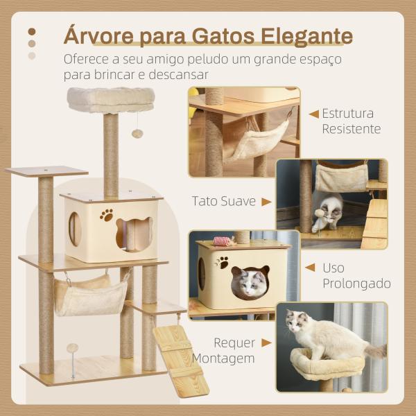 Árvore Arranhadora para Gatos Torre de Escalada com Plataformas Rede Escada Caverna Postes para Arranhar de Juta Bola Supensa e Descanso 60x40x130cm Bege