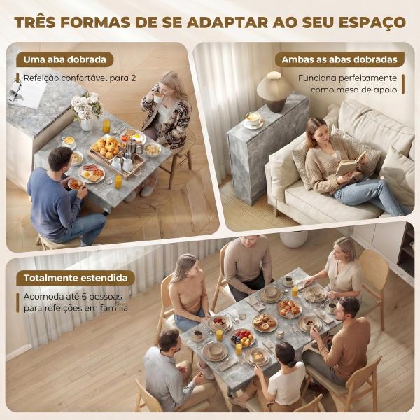 Mesa de Sala de Jantar Dobrável com 2 Prateleiras de Armazenamento e Rodas para Cozinha 75x140x74 cm Cinza