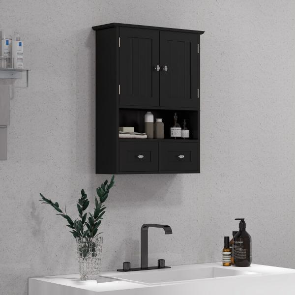 Armário de Parede para Casa de Banho com 2 Portas Prateleira Aberta e 2 Gavetas Estilo Moderno 50,8x17,8x66 cm Preto