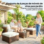 Conjunto de Jardim Exterior em Rattan de 6 Peças com Cadeira de Canto, 2 Cadeiras sem Braços, Apoio para Pés e Mesa Castanha