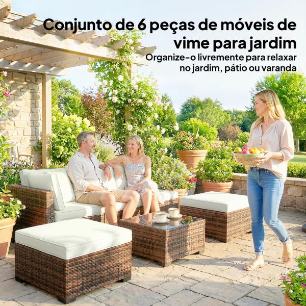 Conjunto de Jardim Exterior em Rattan de 6 Peças com Cadeira de Canto, 2 Cadeiras sem Braços, Apoio para Pés e Mesa Castanha