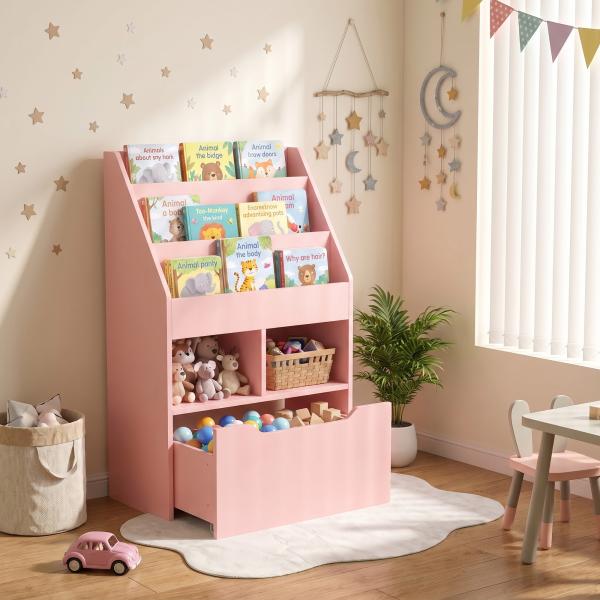 Estante de Madeira para Brinquedos com 3 Compartimentos 2 Prateleiras e Gaveta Móvel com 4 Rodas 60x29,9x90 cm Rosa