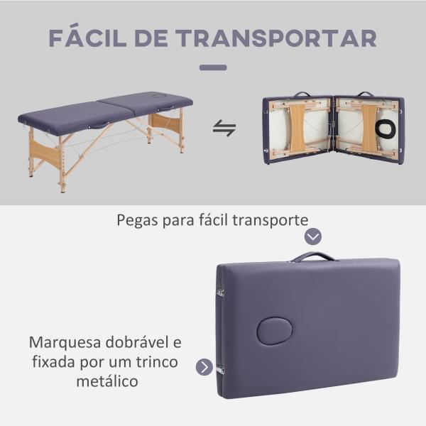 Marquesa de Massagem Dobrável com Estrutura de Madeira Altura Regulável e Bolsa de Transporte 186x60x61 - 87 cm Roxo