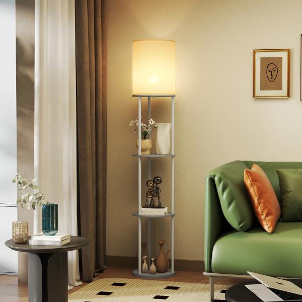 Candeeiro de Pé com Prateleiras 3 Temperaturas de Cor Controlo Remoto e Casquilho E27 Ø29x158 cm Cinzento