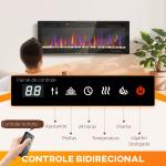 Lareira Elétrica Ultrafina de Parede e Embutir com Chama 3D Brilho/Velocidade Ajustável 12 Cores Pedras 900/1800W 127x9,4x47 cm Preto