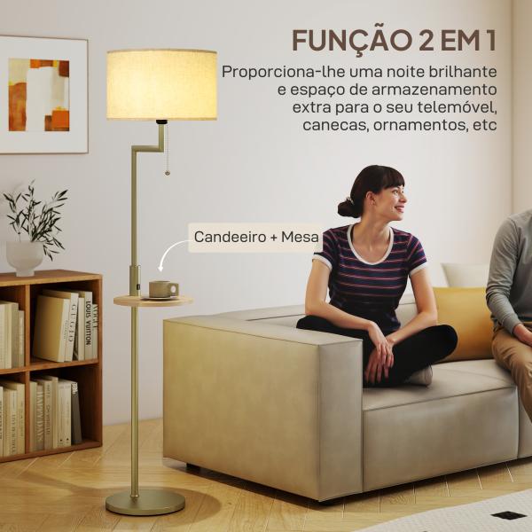 Candeeiro de Pé com Mesa Auxiliar Lâmpada E27 Máx. 40W Ecrã de Linho Interruptor de Corrente e Carregador USB Ø40x170 cm Dourado