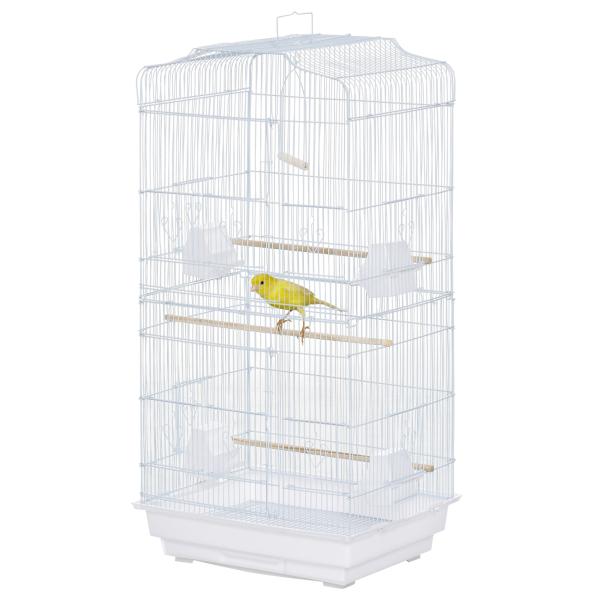 Gaiola para Passáros Gaiola de Metal com Portas 4 Comedouros 3 Poleiros Baloiço Bandeja Removível e Alça de Transporte para Papagaio Canário Periquito 46,5x35,5x92cm Branco