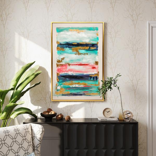 Quadro em Tela Abstrato Pintado à Mão 120x80 cm Quadro para Decoração de Salão Moderno com Moldura de Madeira Multicolor