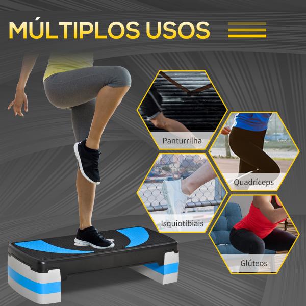 Step para Exercício Aeróbico Plataforma Step com Altura Ajustável em 3 Níveis com Carga Máxima 150kg para Exercício em Academia Casa 80x31x10 - 20cm Azul
