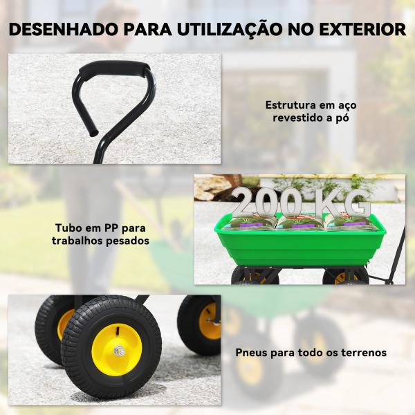 Carrinho de Jardim com Caçamba Inclinável até 75° Carrinho de Mão com Guiador Ajustável 109x52x94 cm Verde Escuro