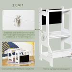 Torre de Aprendizagem para Crianças 3 - 6 Anos de Madeira Torre de Aprendizagem Infantil Convertível em Secretária com Ardósia e Barra de Segurança para Casa de Banho Cozinha 42x44x86cm Branco