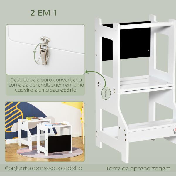 Torre de Aprendizagem para Crianças 3 - 6 Anos de Madeira Torre de Aprendizagem Infantil Convertível em Secretária com Ardósia e Barra de Segurança para Casa de Banho Cozinha 42x44x86cm Branco