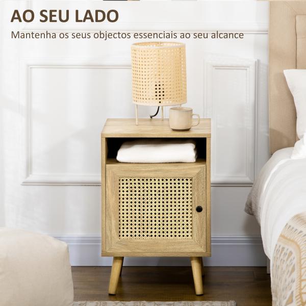 Conjunto de 2 Mesas de Cabeceira com Portas de Vime e Prateleira Aberta Mesa Auxiliar 39x35x60 cm Madeira