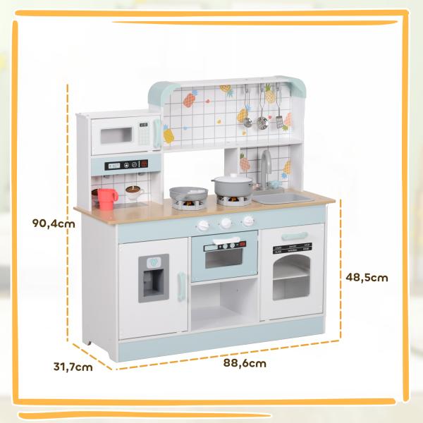 Cozinha de Madeira para Crianças com Sons Lavatório Micro - Ondas Máquina de Gelo e Acessórios 88,6x31,7x90,4 cm Branco