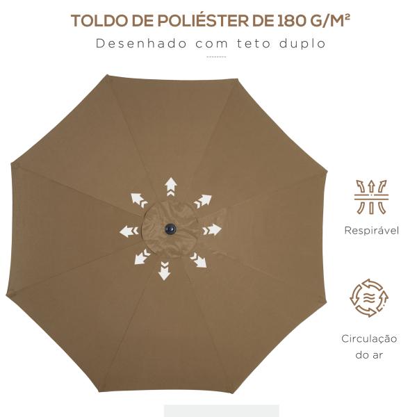 Chapéu de Sol a Manivela com Teto Inclinável e 8 Hastes de Metal para Pátio Varanda Exterior Ø300x240 cm Marrom