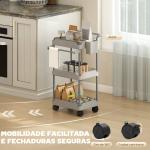 Carrinho Auxiliar com Rodas de 3 Níveis com Cestos Extraíveis Suporte para Toalhas e Estrutura de Metal 42x42,5x76 cm Cinza