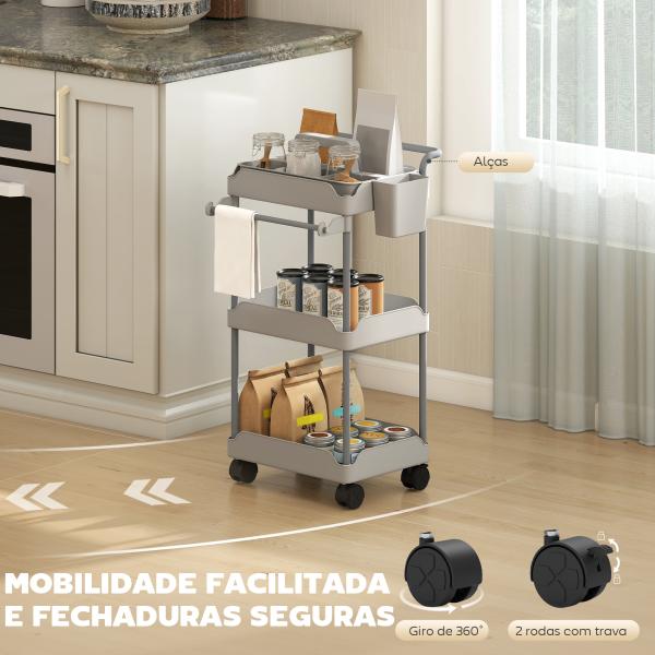 Carrinho Auxiliar com Rodas de 3 Níveis com Cestos Extraíveis Suporte para Toalhas e Estrutura de Metal 42x42,5x76 cm Cinza