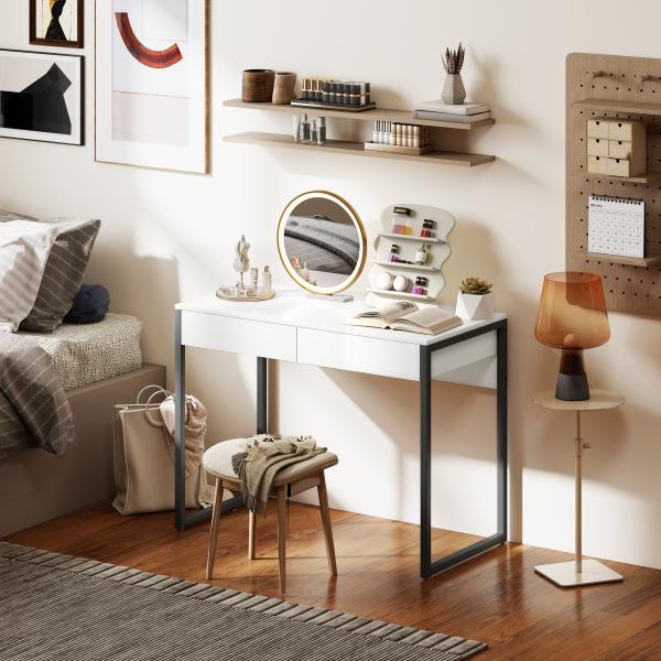 Secretária com 2 Gavetas 100x50 cm Mesa de Computador Pernas de Aço para Casa Escritório Espaços Pequenos Branco Brilhante