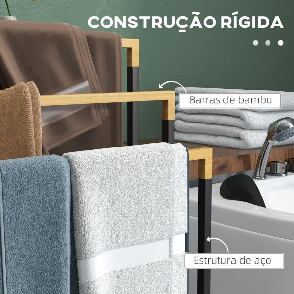 Toalheiro de Pé de 3 Níveis em Forma de Escada com 3 Barras de Bambu e Estrutura de Aço 45x22,5x86 cm Preto e Natural