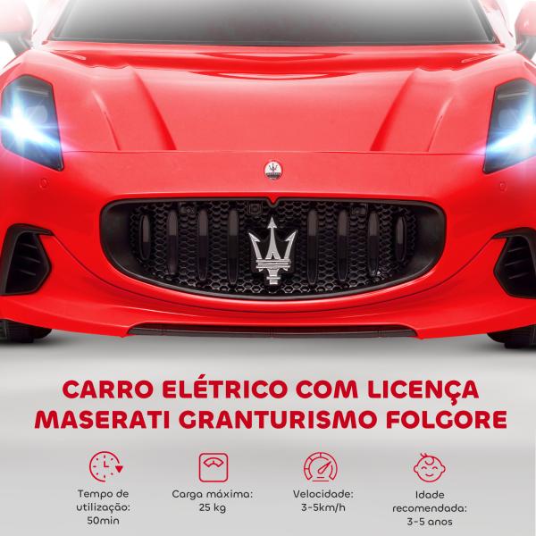Carro Elétrico para Crianças Maserati Gran Turismo Folgore 12V Controlo Remoto Faróis Buzina e Música MP3 98x59x43 cm Vermelho