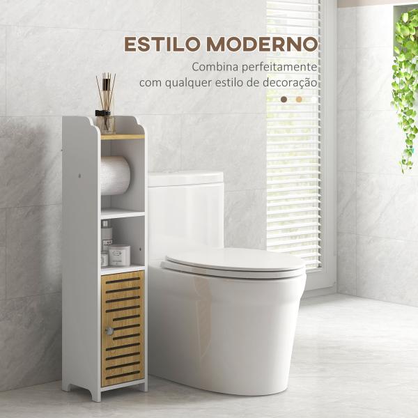 Armário Casa de Banho Moderno com Prateleiras e Suporte para Papel Higiénico 18x20x90 cm Branco e Madeira