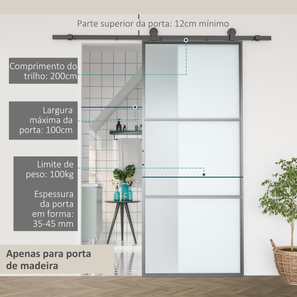 Ferragem para Porta de Correr Kit de Acessórios para Porta Corredeira com 2 Trilhos de Aço de Carbono 200x40x0,6cm Preto