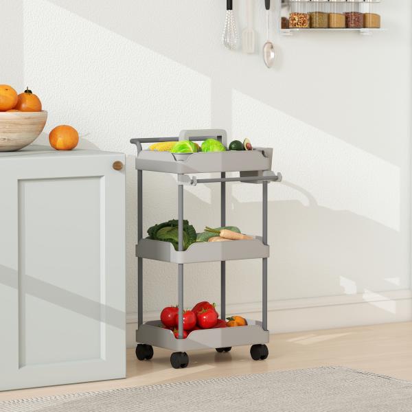 Carrinho Auxiliar com Rodas de 3 Níveis com Cestos Extraíveis Suporte para Toalhas e Estrutura de Metal 42x42,5x76 cm Cinza