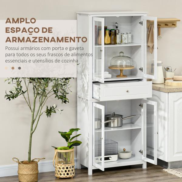 Armário de Cozinha com 4 Portas de Vidro Temperado Gaveta e Prateleiras Ajustáveis 74x35,5x181,5 cm Branco