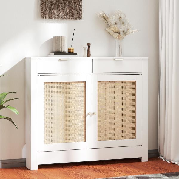 Cobertura para Radiador com Portas Rebatíveis e Vime Proteção Radiador de MDF 111x19x95,5 cm com Compartimento Desenho Boémio Branco