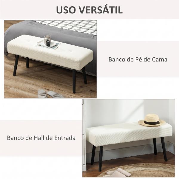 Banco de Pé de Cama em Bombazina com Assento Acolchoado, Design Capitoné e Pernas de Aço para Quarto Branco Creme