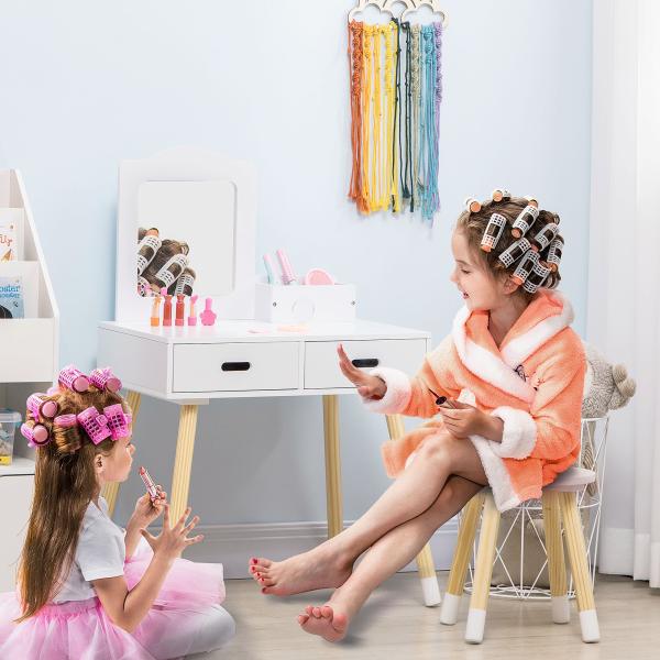 Toucador Infantil de Madeira com Banco Espelho e 2 Gavetas Brinquedo Educativo para Crianças de 3 - 6 Anos 60x40x95cm Branco