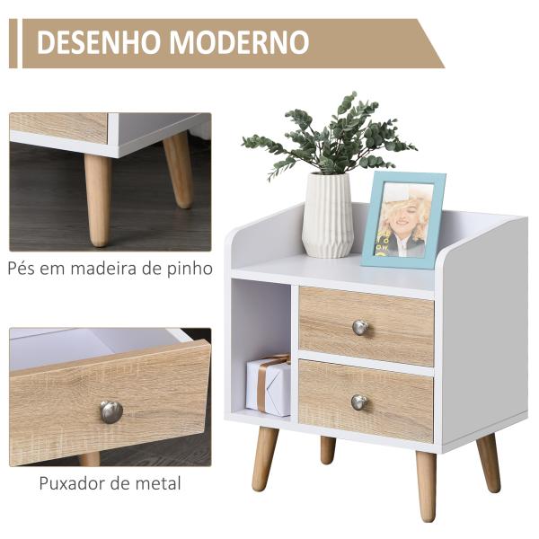 Mesa de Cabeceira com 2 Gavetas Grandes 1 Prateleira Aberta e Pés Elevados Estilo Nórdico 43x30x49 cm Branco e Madeira
