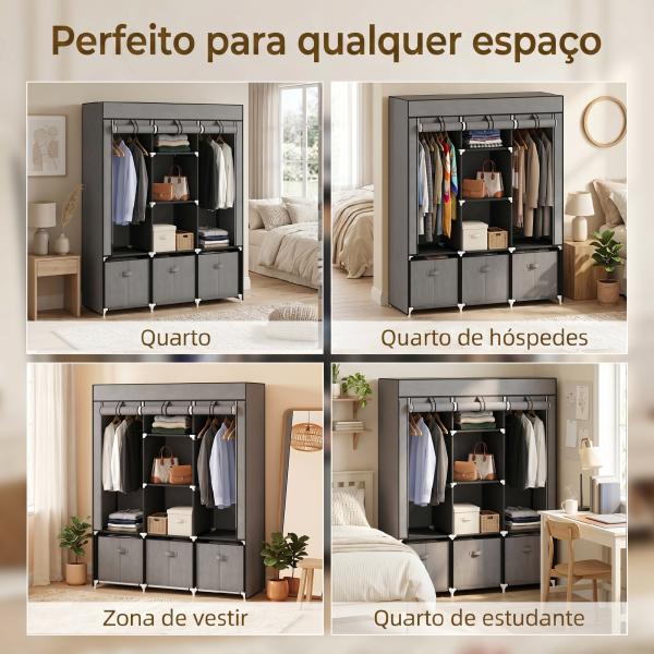 Roupeiro de Tecido com 2 Varões 5 Prateleiras 3 Gavetas Fecho de Correr Estrutura de Aço 125x43x162,5 cm Cinzento