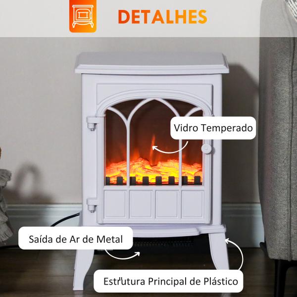 Lareira Elétrica Portátil 1000/2000W com Efeito de Chama Realista e Proteção Contra Superaquecimento 41,5x28x54 cm Branco