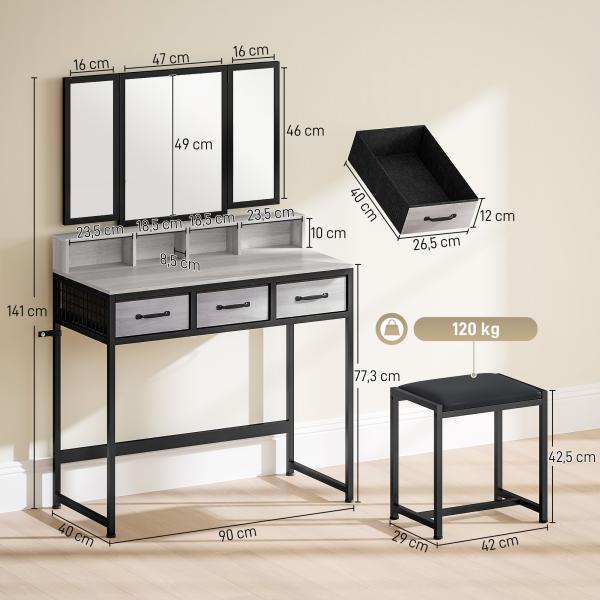 Toucador de Maquilhagem com Espelho Tríptico Removível, Banco Prateleiras e Suporte para Secador 90x40x141 cm Cinzento
