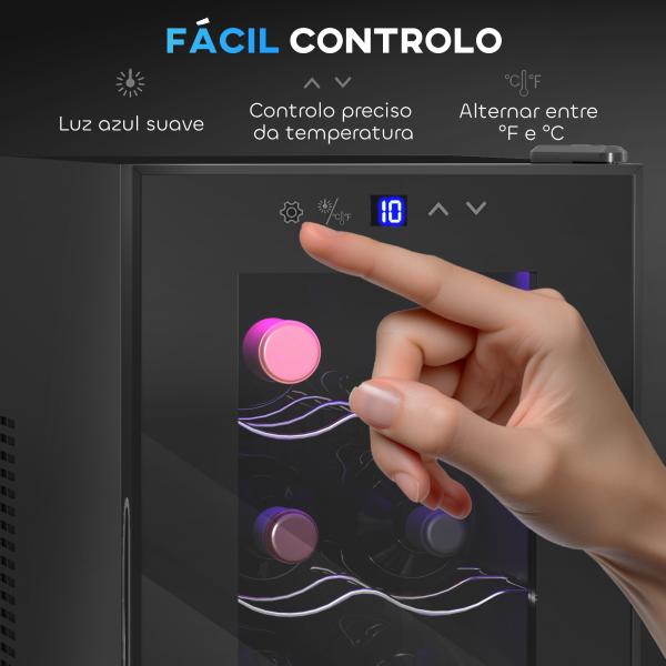 Cave para Vinhos com Refrigeração Termoelétrica Dupla Temperatura Ajustável 8 - 18℃ Porta de Vidro Anti - UV Ecrã LED Tátil Luz Interior 26,5x51,5x47,5 cm Preto