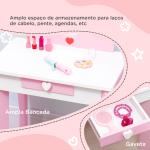Toucador Infantil de Madeira com Banco Espelho e Gaveta Mesa de Maquilhagem para Crianças entre 3 - 6 Anos 50x36,5x89,5cm Rosa