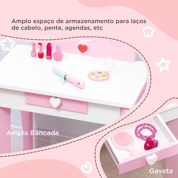 Toucador Infantil de Madeira com Banco Espelho e Gaveta Mesa de Maquilhagem para Crianças entre 3 - 6 Anos 50x36,5x89,5cm Rosa