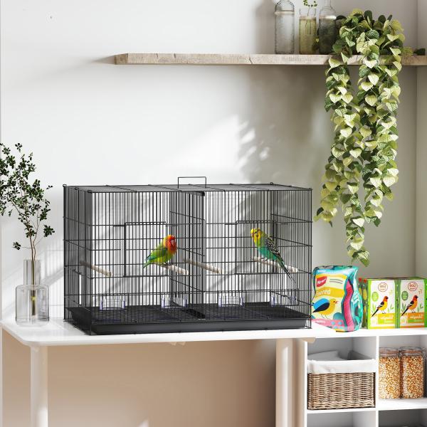 Gaiola para Pássaros com Divisória com Comedouros Poleiros e Bandeja Removível 94x57x57 cm Preto