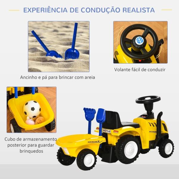 Trator para Crianças de 12 - 36 Meses com Reboque Removível Carro Andador com Buzina Farol Pá e Ancinho Carga 25kg 91x29x44cm Amarelo