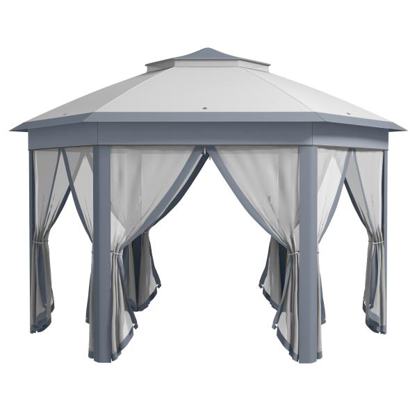 Tenda Dobrável 4x3,4 m Tenda de Jardim Hexagonal com Duplo Tecto 6 Mosquiteiras Destacáveis e Saco de Transporte Cinzento