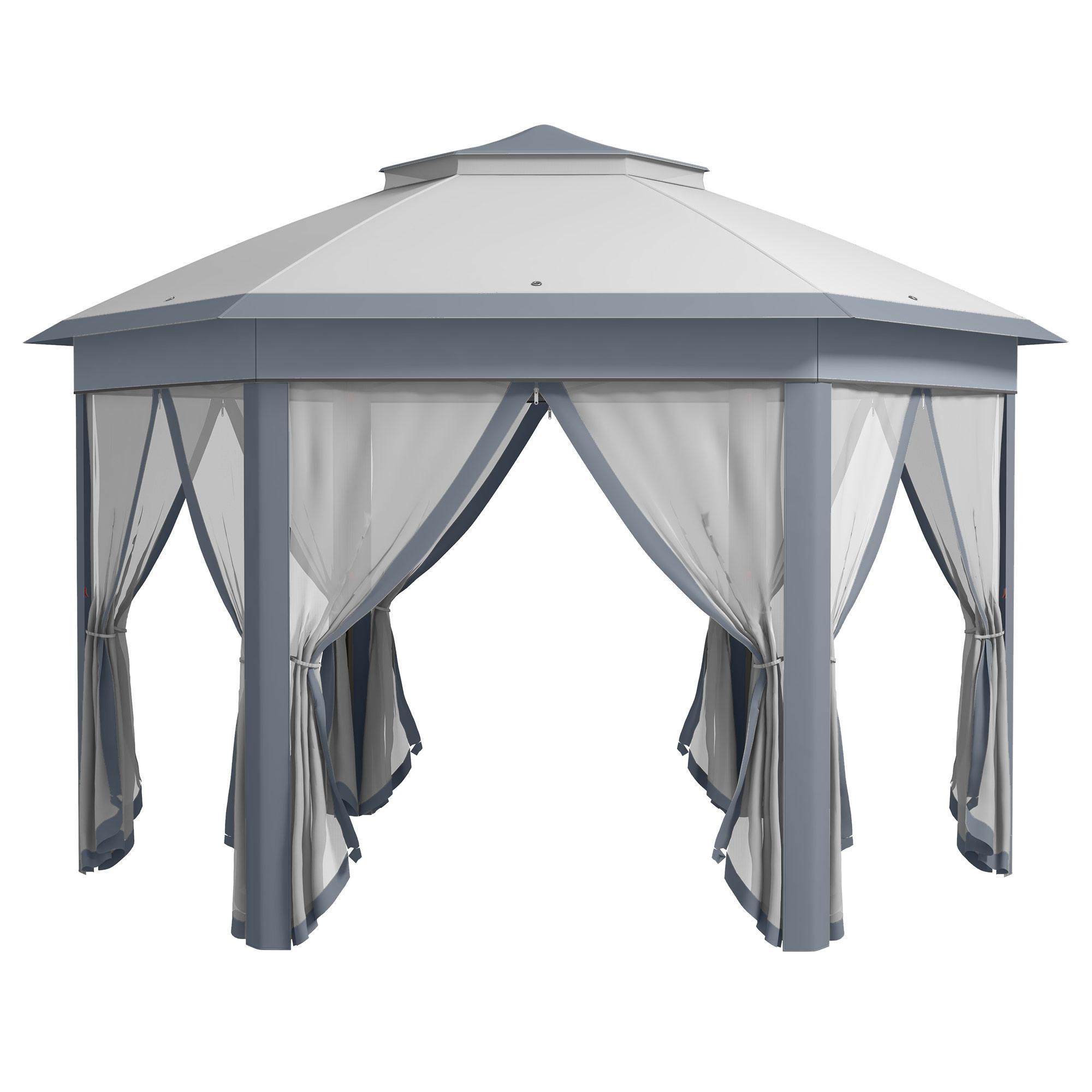 Tenda Dobrável 4x3,4 m Tenda de Jardim Hexagonal com Duplo Tecto 6 Mosquiteiras Destacáveis e Saco de Transporte Cinzento